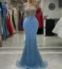 2023 Aso Ebi Arabic Sky Blue Syrenka Sukienka Prom Kryształy Seksowne wieczór Formalne przyjęcie Drugie przyjęcie urodzinowe suknie zaręczynowe sukienki szata de soiree ZJ361