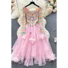 Casual Dresses Sweet Knitting Elegant Women Striped Irregular Floral Patchwork Tulle Ball Gown Vestidos Summer Dress Dropship