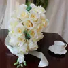 Ivory Rose Artificial Bridal Cascading Bouquet Bride Wedding Flowers Silk Ribbon Buque De Noiva Party Supplies274j
