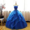 Fancy Koningsblauw Baljurk Galajurk Real Picture Quinceanera Jurken Strapless Organza Formele Feestjurk Met Lagen Tule Flora185k