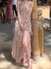 Summer Beach Backless Party Long Dres Chiffon Print French Vintage Strap Dress Female Open Fork Korea Elegant Fairy 230808