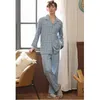 Pyjama en coton pour hommes, ensemble 2 pièces, décontracté, rayé, Long, col à revers, vêtements de maison, printemps et été