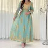 Ethnic Clothing Abaya Dress 2023 Summer Elegant Muslim Women Long Sleeve V-neck Polyester Sequined Green Yellow Blue