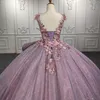 Lavender Shiny Sexy V-Neck Quinceanera Dress Crystal Beaded Embroidered Appliques 3DFlower Cocktail Dresses vestidos de 15