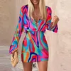 Abiti da lavoro Donna Sexy Slim Due pezzi Set Stampa di moda Camicette a maniche lunghe con scollo a V e minigonne Abiti eleganti da donna da ufficio