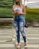 Jeans femininos outono mulheres cintura alta abotoado jeans rasgados 2023 femme planície zíper deco corte skinny denim calças senhora sexy calças traf q230904