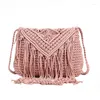 Evening Bags Bohemia Ethnic Style Handbags For Women Retro Fashion Cotton Thread Hand-knit Tassel Messenger Bag Pink White Kahki Shoulder