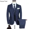 Ternos masculinos blazers dhl azul xadrez espinha de peixe retro cavalheiro estilo personalizado feito sob medida terno blazer para homem 3 piece335j