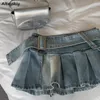 Spódnice dżinsowe kobiety słodkie plisowane eleganckie letnie seksowne z paskiem vintage marszczone streetwear hip hop y2k mody zaprojektowany 230901