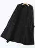 Frauenmischungen Mantel Wanita Musim Gugur Bermuka Ganda Bahan Wol Vintage Kerah Revers Hitam Berkancing Sebaris mit Sabuk Jaket Panjang 230904