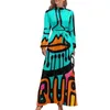 Casual Dresses Colorful Word Graffiti Dress High Waist Eye Exam Print Custom Boho Beach Long-Sleeve Stylish Long Maxi Clothing