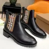 Svart och brunt äkta läder Chelsea Ankle Boots Elastic Band Thick Block Round Toe Kvinnor utomhusskor Lyxdesigner Stövlar Factory Factwear