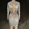 Stage Wear Sparkly Rhinestone Mini Dress Glitter Fringes Women Nightclub Performance Costume Birthday Celebrate Party Show