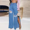 Jeans femininos europeu e americano azul sexy rasgado elástico fenda perna larga denim calças flared primavera outono modelos