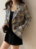 Damenanzüge, Blazer, Colorfaith JK6100, übergroß, kariert, Knöpfe, Taschen, Jacken, eingekerbt, Vintage-kariert, Frühling, Herbst, Oberteile 230904