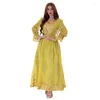 Ethnic Clothing Abaya Dress 2023 Summer Elegant Muslim Women Long Sleeve V-neck Polyester Sequined Green Yellow Blue