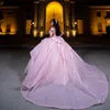 Błyszcząca różowa ukochana z ramion księżniczka suknia balowa quinceanera sukienki eleganckie paski Kryształowy sukienka 16