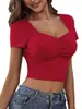 Women's T Shirts Women S Short Sleeve Sweetheart Neckline Cropped T-Shirt Slim Fit Ribbed Crop Tops Solid Color Basic Tee