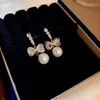 Dangle Earrings Real Gold Plated CZ Zircon Bow Round Pearl Drop For Women Girl Ins Style Temperament Small Party Jewelry