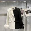 Women's Suits Women Spring 3D Feather Cuff Black White Contrast Color Blazers Coat Lapel OL Jacket Long Sleeve Loose Cardigan Streetwear