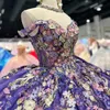 Mexican Purple Shiny Quinceanera Dresses 3D Floral Applique Birthday Princess Formal Sweet 15 16 Ball Gowns Vestidos XV Anos