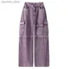 Dżinsy damskie Jeansy2k Purple Pants Women Multi Pocket Straight Retro Retro Dżinsy Streetwear High Wase szerokopasmowe losowe pres jogging 2023 Q230904