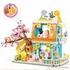 Blocks City Cat Hotel sets Girl A-Frame Pet House Apartment Garden Villa Sakura Tree Building Blocks Animal Toy Kid Gift R230904