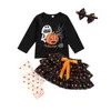 Ensembles de vêtements Petites filles Vêtements pour bébés Costume quatre pièces Mignon Halloween Imprimer Tops Jupe à pois avec bandeau Jambière Vêtements pour enfants 230901