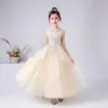 Vestidos de menina Champagne Tulle Flower Concert Liginas Aplique o vestido de princesa Long Junior Bridesmaid Dress