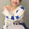 Frauen Pullover Koreanische Mode Bogen Druck Y2k Off Schulter Loch Kurze Top Pullover Sexy Pull Femme Faul Lose Sueters de Mujer
