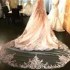 In Stock Luxury Champagne Crystal Bridal Veils Cathedral Length Long Lace Applique Custom Made Wedding Veils With Comb259C