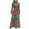 Lässige Kleider Tropisches Blumenkleid Bunter Druck Kawaii Maxi Streetwear Boho Strand Lang Stehkragen Grafik Vestido