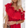 Abiti da lavoro 2023 Estate Fredda Spalla Increspato Ruffles Swing Dress Donna Manica Corta Sexy Rosso Autunno Casual Asimmetrico Abiti Femminili