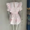 기본 캐주얼 드레스 Gaun Mini Wanita Lengan Pendek Musim Panas Ruffle Renda Liburan Merah Muda 230904