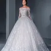 Plus storlek vita klänningar långa ärmar spets applikation sexig tyll gotisk brudklänning vestido de novia ons svep tåg organza bröllopsklänning 403