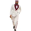 Groomsmen Ivory Pattern Groom Tuxedos Shawl Dark Red Velvet Lapel Men Suits 2 Pieces Wedding Jacket Pants Tie D209 Men'254g