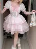 Summer Pink Kawaii Lolita Dres Puff Sleeve Japanese Sweet Party Mini Dress Bow Chiffon France Princess Fairy 230808