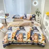 100% Pure Cotton Four Piece Bed Sheet, täcke täckning, örngott, tryckt mjukt och bekvämt rent bomullsmaterial, sängkläder, söta och lekfulla djurmönster