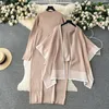 Casual Dresses Clothland Women Chic Knitting Dress Suit Long Sleeve Midi Loose Fitting Cape Jacket Coat Retro Two Piece Set QC667