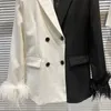 Women's Suits Women Spring 3D Feather Cuff Black White Contrast Color Blazers Coat Lapel OL Jacket Long Sleeve Loose Cardigan Streetwear