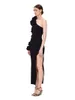 Casual Kleider Herbst Frauen Schwarz Sexy Eine Schulter Langarm Rüschen Cut Out High Split Midi Verband Bodycon Promi Party 2023 Kleid