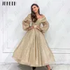 基本的なカジュアルドレスJeheth Champagne Puff Sleeves Prom Gowns Glitter Off Shourdeld V-NeckDress Shiny Tulle A-Line Vestidos De Graduacin LST230904