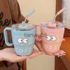 Copos Pratos Utensílios Kawaii Café Thermos Bonito Caneca Térmica de Aço Inoxidável com Palha para Café Frio Água Chá Leite Viagem Tumbler 480ml X0904