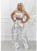 Kvinnors tvåbitar byxor Summer Outfits Clothes Streetwear Gold Silver 2 Pieces Set Women Outfit 2023 Strapless Crop Tops Baggy Ruched Suits