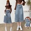 Kjolar tassel stitching denim kjol 2023 sommar kvinnor vintage hög midja a-line midi y2k mode all-match lös blå jean