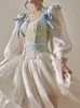 Franse vintage print prinses jurk elegante avondfeest midi-jurk vrouwelijke bubble mouw chiffon Koreaanse retro 230808