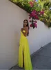 Casual Dresses Yellow Cut Out Backless Pleated Gown Dress Sexig bohe delad hög midja Sling Kvinnors ärmlösa dragkedja Banquet Long Robe