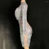 Stage Wear Sparkly Rhinestone Mini Dress Glitter Fringes Women Nightclub Performance Costume Birthday Celebrate Party Show