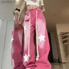 Damesjeans Vintage Trekkoord Roze Y2k Baggy Jeans Dames American Fashion Star Printing Dames streetwear denim broek Hoge taille broek Q230905