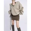 Sweats à capuche pour femmes Printemps et automne Pull Femme Col en V Hors de l'épaule Style paresseux Haut ample Gris Pull à la mode Modèles assortis